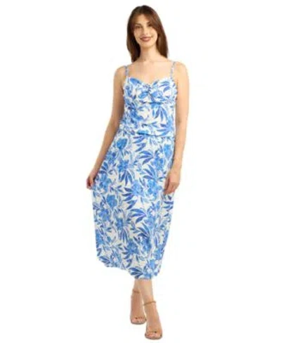 Bcx Womens Eyelet Print Tie Front V Neck Top Pleated Pull On Skirt Set In Blue