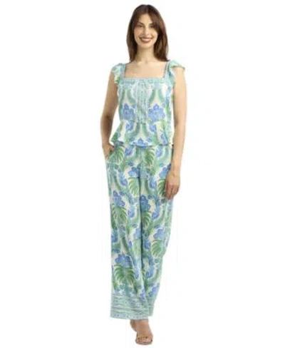 Bcx Womens Printed Flutter Sleeve Square Neck Top Wide Leg Mid Rise Pant Set In Green