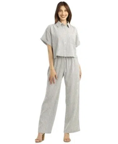 Bcx Womens Pucker Stripe Button Front Top Pull On Pants Set In Gray