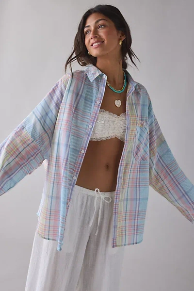Bdg Alex Breezy Cotton Oversized Button-down Shirt In Pink Combo, Women's At Urban Outfitters In Multi
