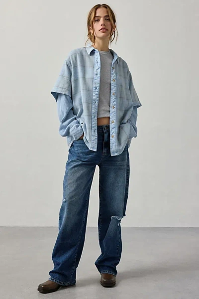 Bdg All Around Layered Twofer Oversized Flannel Shirt In Blue, Women's At Urban Outfitters