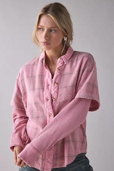 Bdg All Around Layered Twofer Oversized Flannel Shirt In Pink, Women's At Urban Outfitters