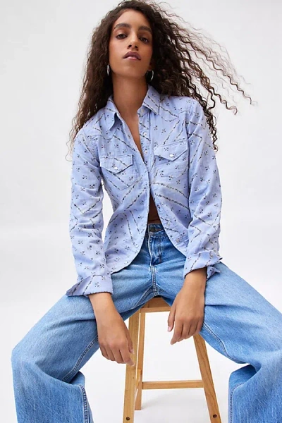 Bdg Ariella Printed Western Shirt Top In Blue, Women's At Urban Outfitters