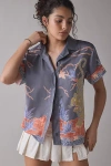 Bdg Asher Satin Printed Souvenir Short Sleeve Button-down Shirt In Grey, Women's At Urban Outfitters