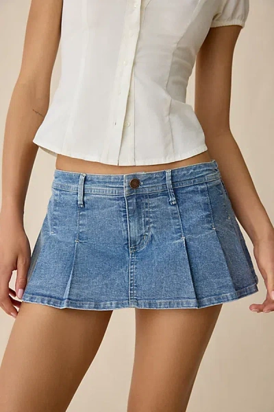 Bdg Bad Influence Pleated Low-rise Denim Mini Skort In Light Blue, Women's At Urban Outfitters