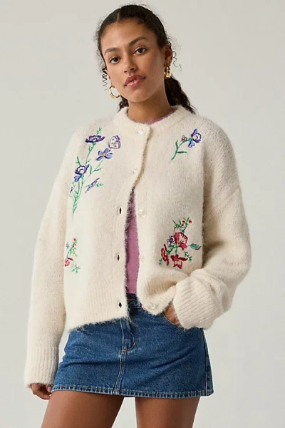 Bdg Becca Embroidered Brushed Knit Oversized Cardigan In Neutral, Women's At Urban Outfitters