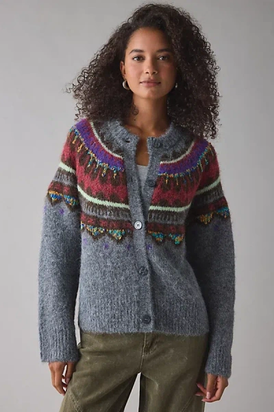 Bdg Becca Printed Brushed Knit Oversized Cardigan In Grey, Women's At Urban Outfitters In Gray