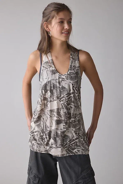 Bdg Bowery Reese Jersey Knit Relaxed Racerback Tank Top In Newspaper Print, Women's At Urban Outfitters