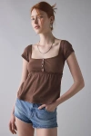 Bdg Brittney Square Neck Henley Babydoll Tee In Chocolate, Women's At Urban Outfitters