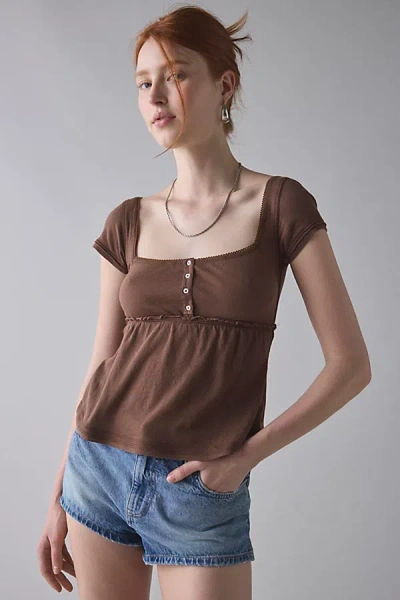 Bdg Brittney Square Neck Henley Babydoll Tee In Chocolate, Women's At Urban Outfitters