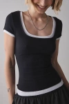 Bdg Carmin Twofer Ribbed Knit Baby Tee In Black/white, Women's At Urban Outfitters In Black/white