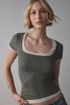 Bdg Carmin Twofer Ribbed Knit Baby Tee In Olive/beige, Women's At Urban Outfitters