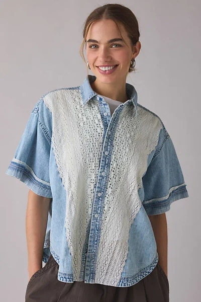Bdg Caught In The Feeling Lace + Denim Short Sleeve Button-up Shirt Top In Light Blue, Women's At Urban  In Multi