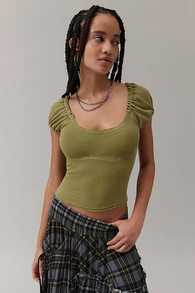 Bdg Charlie Puff Sleeve Fitted Top In Olive, Women's At Urban Outfitters