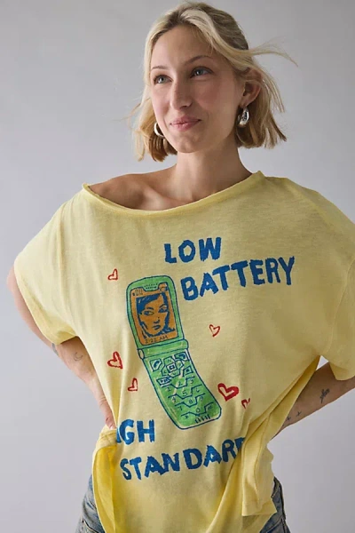 Bdg Courtney Low Battery Graphic Off-the-shoulder Oversized Tee In Yellow, Women's At Urban Outfitters