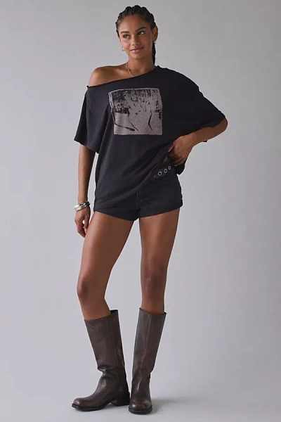 Bdg Courtney Middle Finger Graphic Off-the-shoulder Oversized Tee In Black, Women's At Urban Outfitters