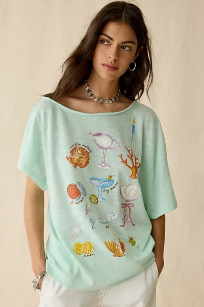 Bdg Courtney Salt Air Seaside Graphic Off-the-shoulder Oversized Tee In Turquoise, Women's At Urban Outf In Blue