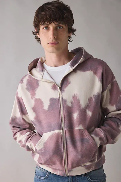 Bdg Cow Print Patterned Full Zip Hoodie Sweatshirt In Cream/brown, Men's At Urban Outfitters In Multi