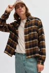 Bdg Cropped Plaid Flannel Shirt Top In Brown, Men's At Urban Outfitters In Brown