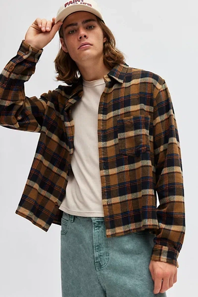 Bdg Cropped Plaid Flannel Shirt Top In Brown, Men's At Urban Outfitters In Brown