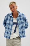 Bdg Cropped Plaid Flannel Shirt Top In Pale Blue, Men's At Urban Outfitters