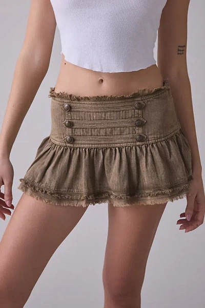 Bdg Dakota Military Button Low-rise Ruffle Skirt In Khaki, Women's At Urban Outfitters In Brown
