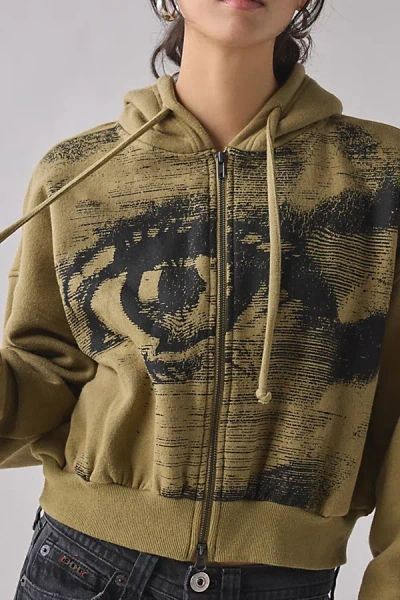 Bdg Delaney Graphic Cropped Zip-up Hoodie Sweatshirt In Green, Women's At Urban Outfitters