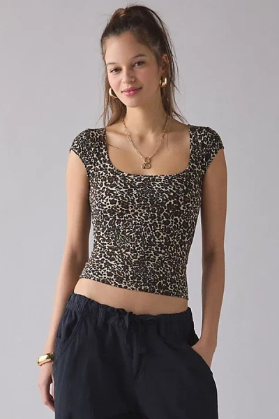 Bdg Drew Cap Sleeve Square Neck Cropped Tee Top In Animal Print, Women's At Urban Outfitters In Multi