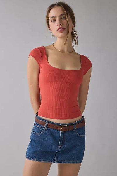 Bdg Drew Cap Sleeve Square Neck Cropped Tee Top In Bright Red, Women's At Urban Outfitters In Pink