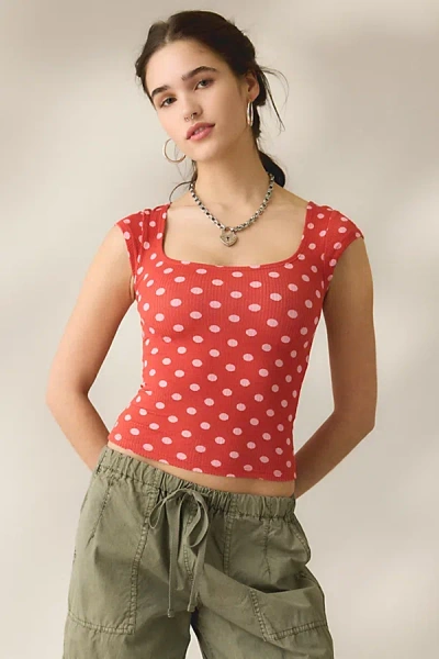 Bdg Drew Cap Sleeve Square Neck Cropped Tee Top In Red Polka Dot, Women's At Urban Outfitters