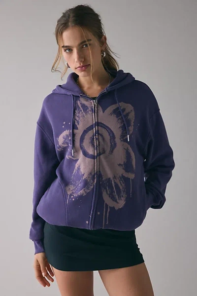 Bdg Dusty Bleached Flower Graphic Oversized Zip-up Hoodie Sweatshirt In Purple, Women's At Urban Outfitt