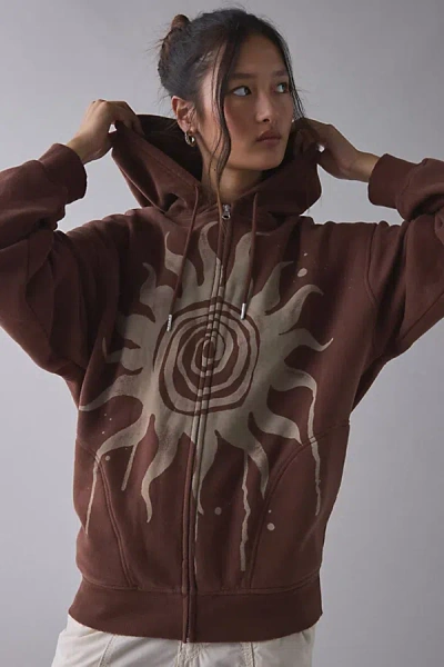 Bdg Dusty Bleached Sun Graphic Oversized Zip-up Hoodie Sweatshirt In Brown, Women's At Urban Outfitters