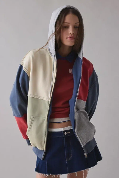 Bdg Dusty Colorblock Patchwork Oversized Zip-up Hoodie Sweatshirt In Americana Combo, Women's At Urban O