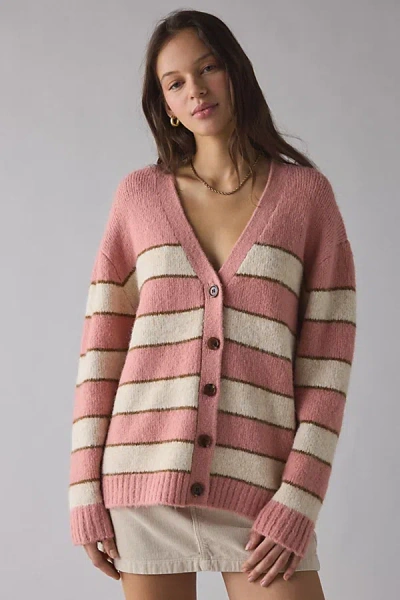 Bdg Eliot Striped Oversized Cardigan In Pink, Women's At Urban Outfitters