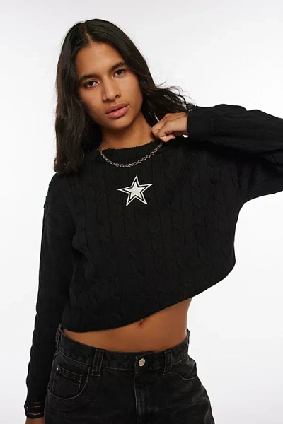 Bdg Emmett Graphic Cable Knit Pullover Sweater In Black, Women's At Urban Outfitters