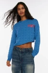 Bdg Emmett Graphic Cable Knit Asymmetric Pullover Sweater In Blue, Women's At Urban Outfitters
