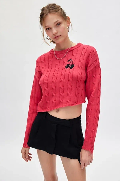 Bdg Emmett Graphic Cable Knit Asymmetric Pullover Sweater In Blush, Women's At Urban Outfitters In Blush