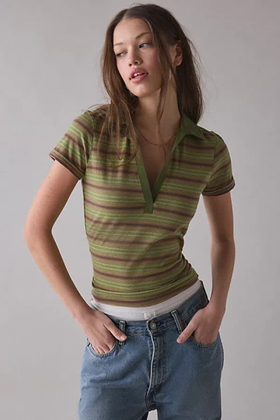 Bdg Faye Cropped Polo Tee In Green Stripe, Women's At Urban Outfitters