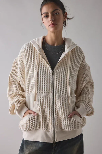 Bdg Field Day Waffle Knit Zip-up Hoodie Sweatshirt In Ivory, Women's At Urban Outfitters