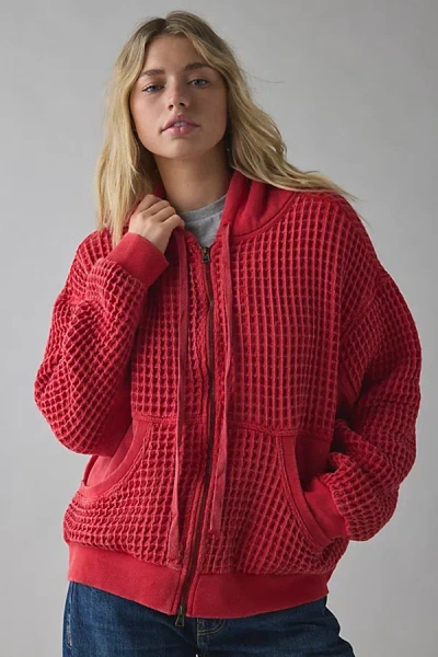 Bdg Field Day Waffle Knit Zip-up Hoodie Sweatshirt In Red, Women's At Urban Outfitters