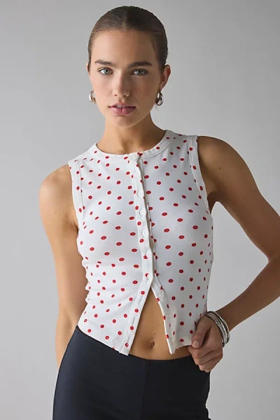 Bdg Gigi Knit Button-down Tank Top In White/red Polka Dot, Women's At Urban Outfitters