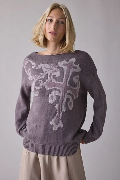 Bdg Graphic Distressed Cotton Blend Oversized Boatneck Sweater In Mauve, Women's At Urban Outfitters In Purple