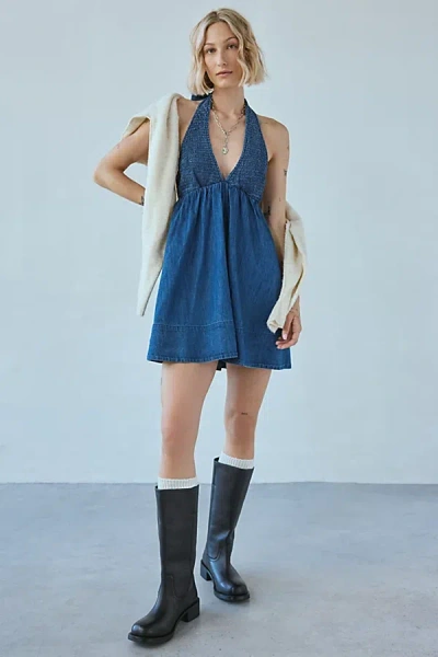 Bdg Iris Smocked Plunging V-neckline Halter Mini Dress In Denim Indigo Wash, Women's At Urban Outfitters