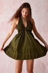Bdg Iris Smocked Plunging V-neckline Halter Mini Dress In Olive, Women's At Urban Outfitters