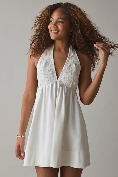 Bdg Iris Smocked Plunging V-neckline Halter Mini Dress In White, Women's At Urban Outfitters