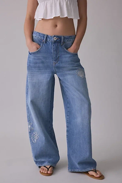 Bdg Jaya Seashell Embroidered Baggy Boyfriend Jeans In Light Blue, Women's At Urban Outfitters