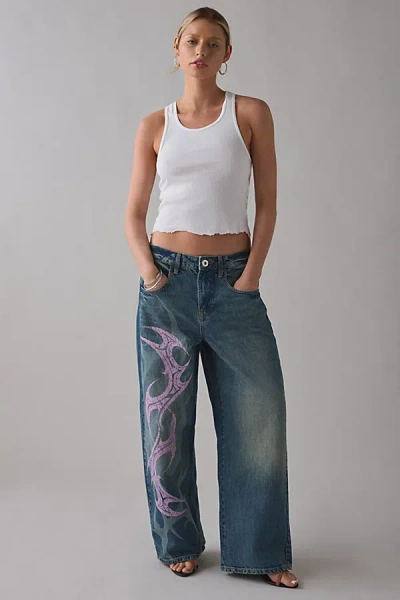 Bdg Jaya Stencil Graphic Baggy Boyfriend Jean In Green Cast, Women's At Urban Outfitters In Blue