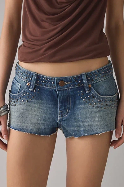 Bdg Jenni Studded Low-rise Denim Micro Short In Indigo, Women's At Urban Outfitters In Blue