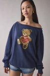 Bdg Jessa Graphic Off-the-shoulder Pullover Top In Navy, Women's At Urban Outfitters In Blue