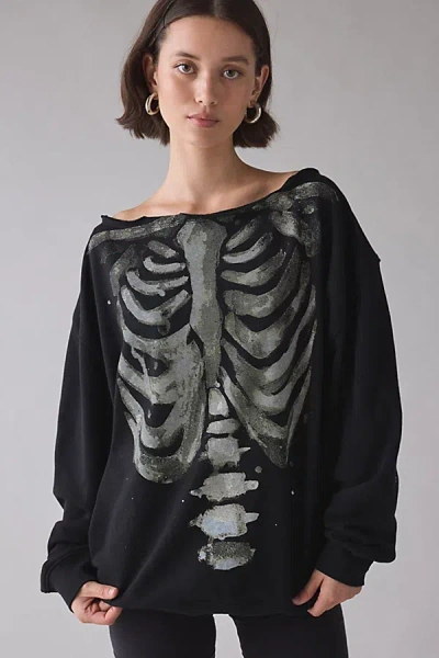 Bdg Jessa Skeleton Graphic Off-the-shoulder Pullover Top In Black, Women's At Urban Outfitters